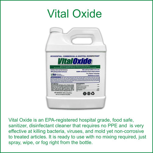 Vital Oxide EPA-registered hospital-grade disinfectant and sanitizer bottle available at Enzo's Cleaning Systems in Ohio