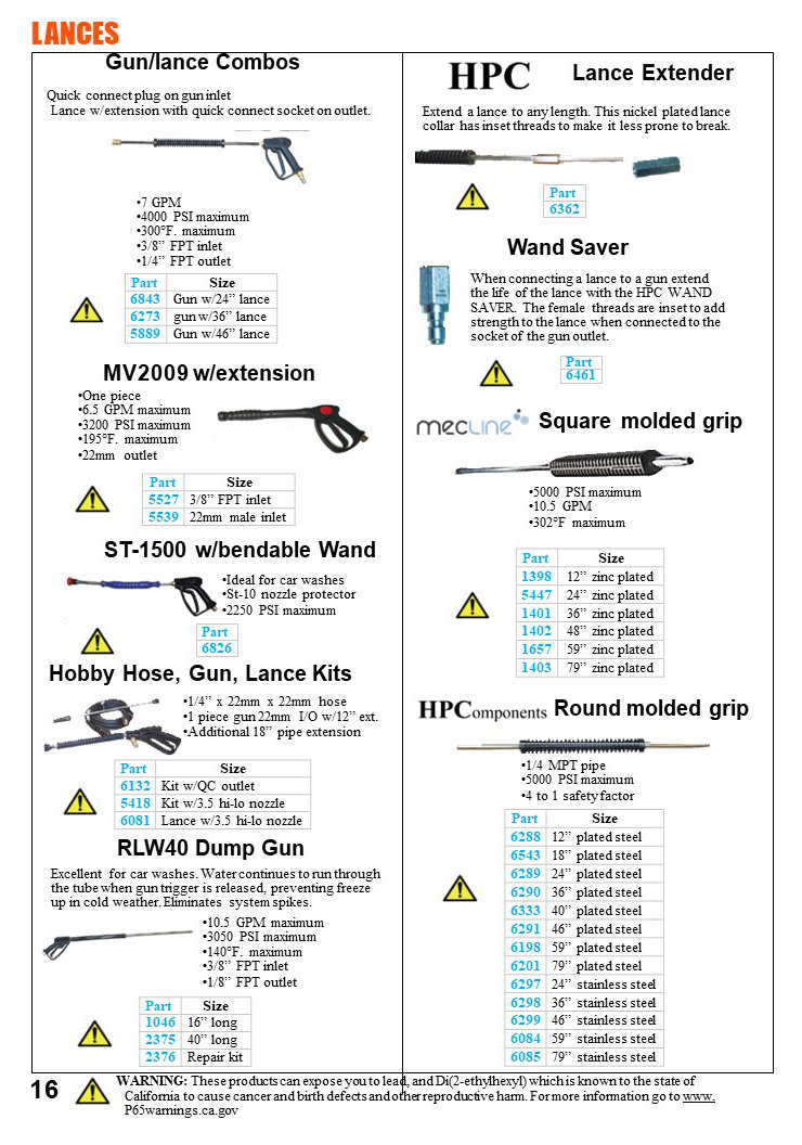 Lances catalog page 1 — Gun/lance combos, MV2009, ST-1500, Hobby Hose Kits, RLW40 Dump Gun, HPC Lance Extender, Wand Saver, Mecline & HPC molded grips
